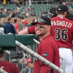 Smiling before Tuesday's exhibition, Arizona Diamondbacks outfielder Cody Ross dons a special patch honoring Arizona native Kayla Mueller, which will be on all D-backs jerseys during spring training. (Photo: Zachary Holland/Cronkite News)