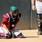 Tuffy Gosewisch gets down and dirty for a wild pitch during drills. (Photo by Zachary Holland/Cronkite News)