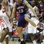 Phoenix Suns' Steve Nash (13) is stripped of the ball by Houston Rockets' Marcus Camby (29) as Rockets' Patrick Patterson looks on in the first half of an NBA basketball game on Friday, April 13, 2012, in Houston. (AP Photo/Pat Sullivan)