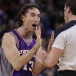 Phoenix Suns' Steve Nash (13) reacts to a referee's call during the second half of an NBA basketball game Golden State Warriors Monday, Feb. 13, 2012, in Oakland, Calif. The Warriors won 102-96. (AP Photo/Ben Margot)