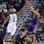 Phoenix Suns guard Streve Nash (13)shoots over New Orleans Hornets guard Jarrett Jack (2) in the first half of an NBA basketball game in New Orleans, Wednesday, Feb. 1, 2012. (AP Photo/Bill Haber)
