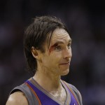 Phoenix Suns' Steve Nash walks off the court after he injured his eye during the fourth quarter of Game 4 of a Western Conference semifinals NBA basketball series, Sunday, May 9, 2010 in San Antonio. Phoenix won 107-101, winning the series 4-0. (AP Photo/Eric Gay)