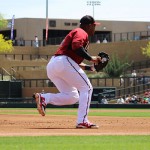 Yasmany Tomas steps into his throw to first after charging a grounder in the second inning. (Photo by Zachary Holland/Cronkite News)
