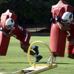 Linebackers Darryl Sharpton and Edwin Jackson go through a drill during the team's OTA practice Tuesday, May 19. (Photo by Adam Green/Arizona Sports)