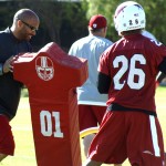 Assistant coach Larry Foote and safety Rashad Johnson during Arizona Cardinals OTAs Tuesday, May 26. (Photo by Adam Green/Arizona Sports)