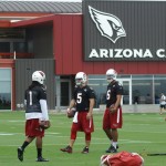 From left, QBs Carson Palmer, Philip Simms, Drew Stanton, Logan Thomas and Chandler Harnish during Arizona Cardinals mini-camp Tuesday, June 9. (Photo by Adam Green/Arizona Sports)