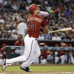 Arizona Diamondbacks' Paul Goldschmidt watches the flight of his home run against the Los Angeles Angels during the first inning of a baseball game Wednesday, June 17, 2015, in Phoenix. (AP Photo/Ross D. Franklin)