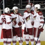 Road (2007-15)

The NHL went to the Reebok Edge uniform system in 2007, which meant minor changes for the Coyotes. The stripes on the tail of the jersey were removed, and showed up as vertical side stripes on the pants. The new look also introduced a brick red shoulder yoke.