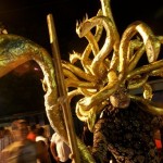 A man disguised as Medusa takes part in the traditional Night of the Dead celebration in Masaya, just south of Managua, late Friday, Oct. 26, 2007. People dress as monsters and devils, known as "Ahuizotes," which in the indigenous Nahuatl language means "Phantasms near the water," to honor the deaths of indigenous who were killed by Spanish conquerors. (AP Photo/Esteban Felix)
