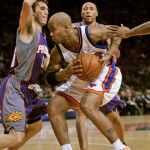 Phoenix Suns guard Steve Nash, left, blocks New York Knicks guard Stephon Marbury (3) from shooting in the first quarter of an NBA basketball game in New York, Sunday, Dec. 2, 2007. (AP Photo/Kathy Willens)