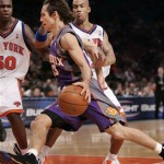 Phoenix Suns guard Steve Nash (13) dashes past New York Knicks' Zach Randolph (50) and Stephon Marbury during the Suns' 115-104 NBA basketball victory at Madison Square Garden in New York, Sunday, Dec. 2, 2007. (AP Photo/Kathy Willens)