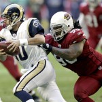 St. Louis Rams quarterback Marc Bulger is sacked by Arizona Cardinals defensive tackle Darnell Dockett, right, during the second quarter of an NFL football game Sunday, Dec. 30, 2007, in Glendale, Ariz. (AP Photo/Matt York)