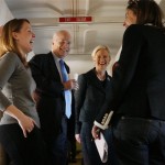 Republican Presidential hopeful, Sen. John McCain, R-Ariz., second from left, and his wife Cindy, second from right, shares a laugh with Communications Director Jill Hazelbaker, left, and Traveling Press Secretary Brooke Buchanan, right, Wednesday, Jan. 9, 2008, on his campaign plane en route to Grand Rapids, Mich., following his New Hampshire Republican Presidential Primary victory. (AP Photo/Charles Dharapak)