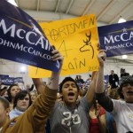 Supporters cheer Republican presidential candidate Sen. John McCain, D-Ariz., as he arrives at a rally in Grand Rapids, Mich., following his New Hampshire primary election victory, Wednesday, Jan. 9, 2008. (AP Photo/Charles Dharapak)

