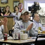 Roger Sherrill,left and Patrick Beatty, center, both of Charlotte,N.C. react as they listen to Republican presidential hopeful former Sen. Fred Thompson, R-Tenn. speak during a local talk radio show at The Guignard Diner Wednesday, Jan. 9, 2008, in Sumter, S.C. Thompson plans to visit five cities on his second day of his bus tour through South Carolina. (AP Photo/Mary Ann Chastain)
