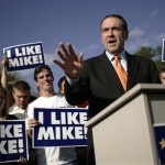 Republican presidential hopeful Mike Huckabee speaks to members of the media at the University Air Center at the Gainesville Regional Airport in Gainesville, Florida, Tuesday, Jan. 22, 2008. (AP Photo/Brandon Kruse, The Gainesville Sun)