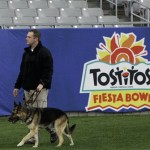 Bomb sniffing dogs were used by local law enforcement as part of increased security in preparation for the Fiesta Bowl at University of Phoenix Stadium on Wednesday, Dec. 31, 2007 in Glendale, Ariz. The NFL Super Bowl football game will be played at the Glendale facility when the New England Patriots and the New York Giants meet on Feb. 3, 2008. (AP Photo/Ross D. Franklin)