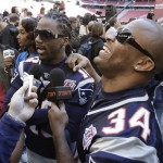 New England Patriots' Donte' Stallworth and Sammy Morris (34) talk to reporters during media day for the Super Bowl XLII football game Tuesday, Jan. 29, 2008, in Glendale, Ariz,. (AP Photo/Julie Jacobson)