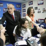 Republican presidential hopeful, former New York City Mayor Rudy Giuliani, with his wife Judith Nathan, right, thanks volunteers at his campaign headquarters in Winter Park, Fla., Tuesday, Jan. 29, 2008. (AP Photo/Gerald Herbert)
