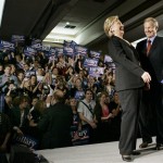 Democratic presidential hopeful Sen. Hillary Rodham Clinton, D-N.Y., laughs with Sen. Bill Nelson, D-Fla., as she celebrates her primary victory in Davie, Fla., Tuesday, Jan. 29, 2008. (AP Photo/Elise Amendola)

