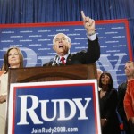 Republican presidential hopeful, former New York City Mayor Rudy Giuliani, talks to supporters after conceding the Florida Republican primary at his election watch headquarters in Orlando, Fla., Tuesday, Jan. 29, 2008. Left is his wife Judith. (AP Photo/Gerald Herbert)