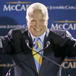 Republican presidential hopeful Sen. John McCain, R-Ariz., gives two thumbs up at his primary victory celebration in Miami, Tuesday, Jan. 29, 2008. (AP Photo/Alan Diaz)