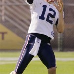 New England Patriots quarterback Tom Brady (12) throws during football practice at Sun Devil Stadium in Tempe, Ariz., Wednesday, Jan. 30, 2008. The Patriots will play the New York Giants in Super Bowl XLII in Glendale, Ariz., on Sunday. (AP Photo/Stephan Savoia)