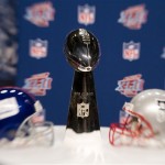 The Vince Lombardi Super Bowl trophy is seen before a news conference at the Phoenix Convention Center Friday, Feb. 1, 2008, in Phoenix. The New England Patriots play the New York Giants in Super Bowl XLII on Sunday, Feb. 3. (AP Photo/Eric Gay)