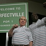 Former Miami Dolphins' Garo Yepremian, left, and Larry Little talk about their 1972 team's perfect season at a news conference Friday, Feb. 1, 2008, in Phoenix. The New England Patriots will try to become the second undefeated team when they face the New York Giants in Super Bowl XLII on Sunday, Feb. 3, 2008. (AP Photo/Matt York)