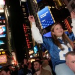 Bianca Alberola celebrates the New York Giants' Super Bowl XLII victory in Times Square on Sunday, Feb. 3, 2008 in New York. (AP Photo/Gary He)