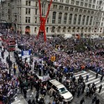 The float carrying the Vince Lombardi Trophy makes its way up Broadway as the Super Bowl champion New York Giants football team receive a ticker tape parade in Lower Manhattan through the "Canyon of Heroes" Tuesday, Feb. 5, 2008 in New York. (AP Photo/Jason DeCrow)
