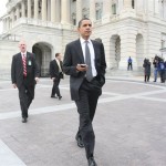 Democratic presidential hopeful, Sen. Barack Obama, D-Ill., walks on Capitol Hill in Washington, Wednesday, Feb. 6, 2008, after voting on an amendment to the Foreign Intelligence Surveillance Act (FISA). (AP Photo/Lauren Victoria Burke)
