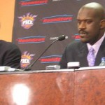 Shaquille O'Neal talks with reporters during his first news conference as a new Phoenix Suns NBA basketball player on Thursday, Feb. 7, 2008, in Phoenix. O'Neal was traded to the Suns from the Miami Heat for Shawn Marion and Marcus Banks. (Kevin Tripp/KTAR)