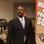 Shaquille O'Neal talks with reporters during his first news conference as a new Phoenix Suns NBA basketball player on Thursday, Feb. 7, 2008, in Phoenix. O'Neal was traded to the Suns from the Miami Heat for Shawn Marion and Marcus Banks. (AP Photo/Ross D. Franklin)