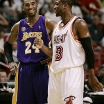 Los Angeles Lakers guard Kobe Bryant, left, and Miami Heat guard Dwyane Wade (3) talk in the second quarter during a basketball game in Miami, Sunday, Feb. 10, 2008. (AP Photo/Lynne Sladky)