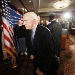 Republican presidential hopeful, Sen. John McCain, R-Ariz., exits after speaking at a news conference in Annapolis, Md. Monday, Feb. 11, 2008. (AP Photo/Gerald Herbert)
