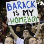 A supporter for Democratic presidential hopeful Sen. Barack Obama, D-Ill., holds a banner during a campaign rally at the University of Maryland Monday, Feb. 11, 2008, in College Park, Md. (AP Photo/Rick Bowmer)
