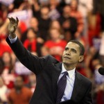 Democratic presidential hopeful Sen. Barack Obama, D-Ill., waves to the crowd following his address at a rally Tuesday, Feb. 12, 2008, in Madison Wis. (AP Photo/Rick Bowmer)
