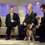 Uno, the winner of Best in Show at the 132nd Westminster dog show at New York's Madison Square Garden Tuesday evening, his handler Aaron Wilkerson, right, and David Frei, third left, the dog show's host, appear on the NBC "Today" television show Wednesday morning Feb. 13, 2008. The nearly 3-year-old beagle from Columbia, Mo. became the first of his breed to win best in show at the nation's biggest canine competition. They are interviewed by "Today" co-hosts Meredith Vieira and Matt Lauer. (AP Photo/Richard Drew)