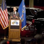 Democratic presidential hopeful, Sen. Barack Obama, D-Ill. addresses an audience at a General Motors assembly plant in Janesville, Wis., Wednesday, Feb. 13, 2008. (AP Photo/Andy Manis)