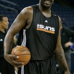 Phoenix Suns center Shaquille O'Neal smiles during practice before an NBA basketball game against the Golden State Warriors in Oakland, Calif., Wednesday, Feb. 13, 2008.(AP Photo/Marcio Jose Sanchez)