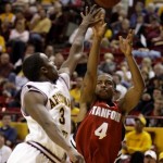 Stanford guard Anthony Goods, right, shoots over Arizona State guard Ty Abbott, left, in the first half of an NCAA basketball game Thursday, Feb. 14, 2008, in Tempe, Ariz. (AP Photo/Paul Connors)