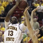 Arizona State guard James Harden, left, shoots over Stanford forward Taj Finger, right, in the first half of an NCAA basketball game Thursday, Feb. 14, 2008, in Tempe, Ariz. (AP Photo/Paul Connors)