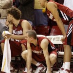 Stanford players, from left, Robin Lopez, Drew Shiller and Landry Fields watch as time runs out against Arizona State at the conclusion of an NCAA basketball game Thursday, Feb. 14, 2008, in Tempe, Ariz. Arizona State won 72-68 in overtime.(AP Photo/Paul Connors)