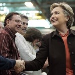 Democratic presidential hopeful Sen. Hillary Rodham Clinton, D-N.Y., greets workers as she makes a campaign stop at the Lockheed Martin Plant in Akron, Ohio, Friday, Feb. 15, 2008. (AP Photo/Carolyn Kaster)
