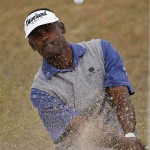 Vijay Singh hits out of the sand onto the 18th green during his match against Rod Pampling in the third round of the Accenture Match Play Championship golf tournament at The Gallery Golf Club at Dove Mountain, in Marana, Ariz., Friday. Singh won the match, by 1, in 25 holes.