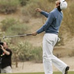 Aaron Baddeley, of Australia, reacts to missing a putt for birdie on the 17th green during the third round of the Accenture Match Play Championship golf tournament at The Gallery Golf Club at Dove Mountain, in Marana, Ariz., Friday.