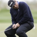 Angel Cabrera, of Argentina, reacts to missing a putt on the 12th green during his match against Steve Stricker, during the third round of the Accenture Match Play Championship golf tournament at The Gallery Golf Club at Dove Mountain, in Marana, Ariz., Friday. Cabrera won the match, 4 and 3.