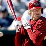 Arizona Diamondbacks' Eric Byrnes hits by a pitch against the Seattle Mariners during the fourth inning of a spring training baseball game on Sunday, March 9, 2008, in Tucson, Ariz. (AP Photo/Nam Y. Huh)