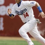 Los Angeles Dodgers' Chin-lung Hu runs for second base during an exhibition baseball game against the San Diego Padres, Sunday, March 16, 2008, in Beijing, China. (AP Photo/Robert F. Bukaty)